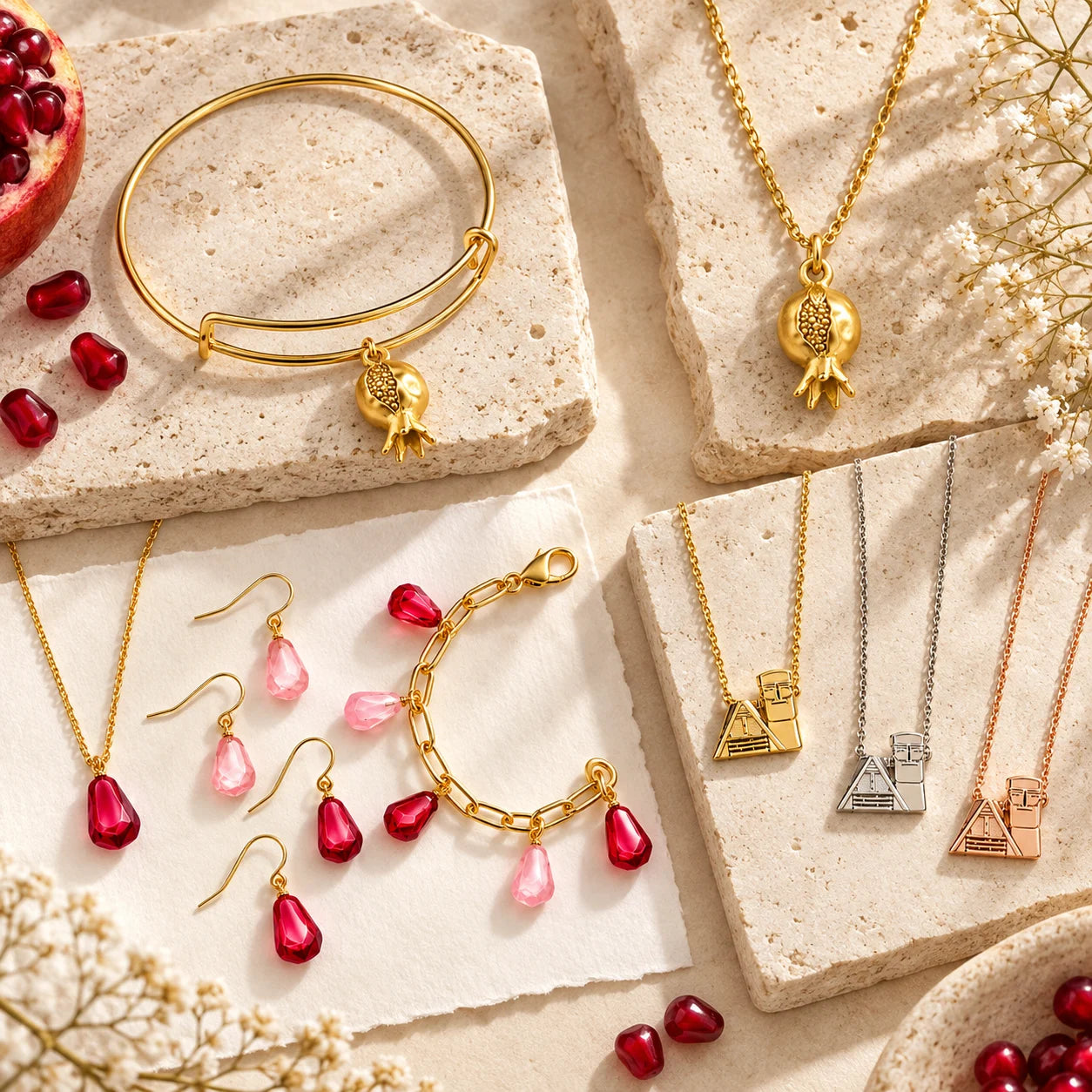 A selection of pomegranate and Tatik Papik jewelry arranged on pale stone.